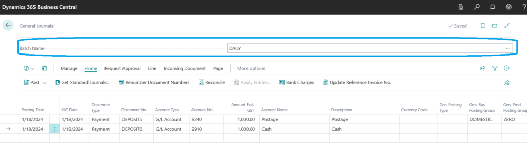 general journal in business central