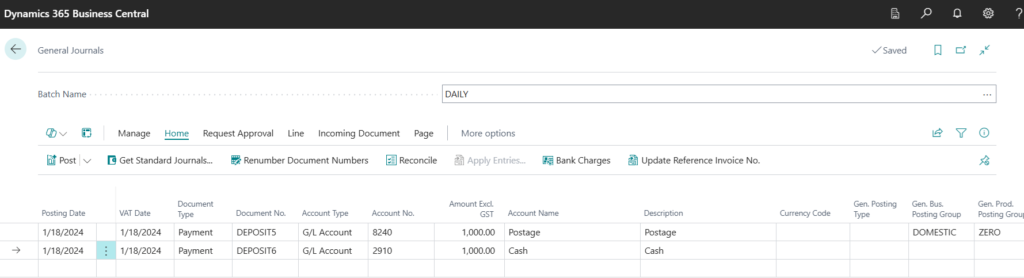 general journal in business central