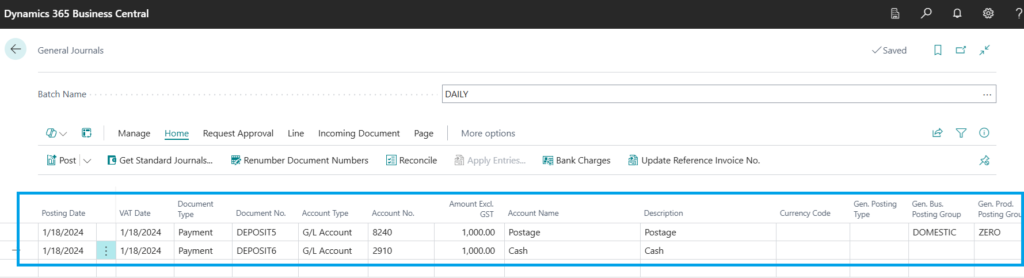 general journal in business central