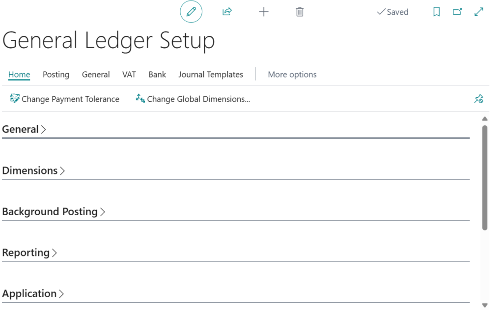 General ledger setup in business central