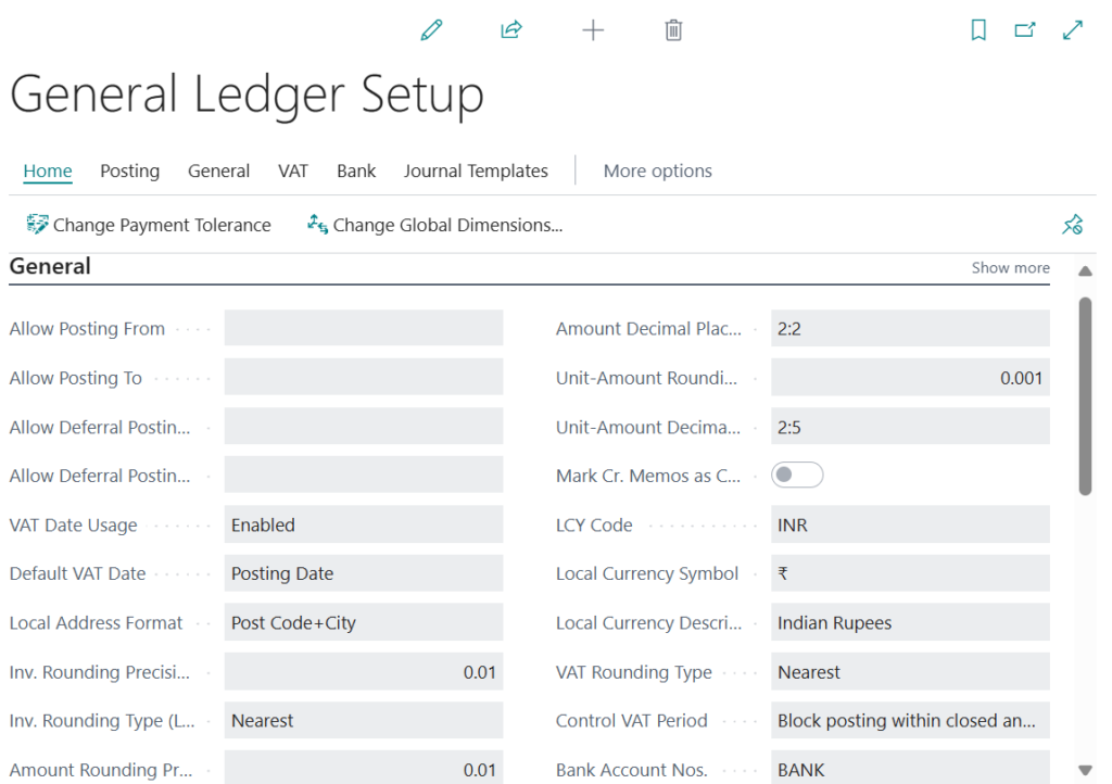 General ledger setup in business central